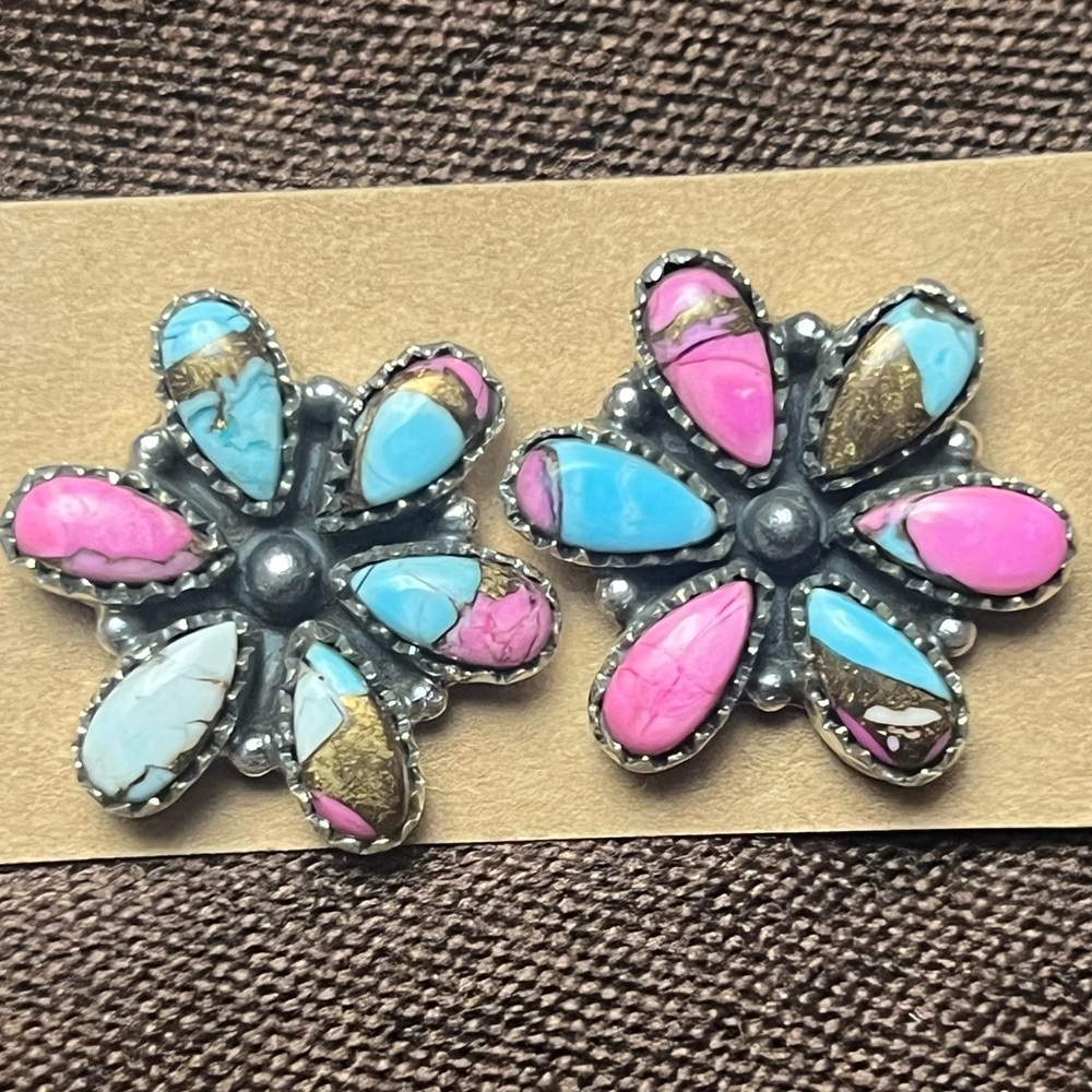 Sterling Silver “Cotton Candy” Turquoise Dahlia Earrings